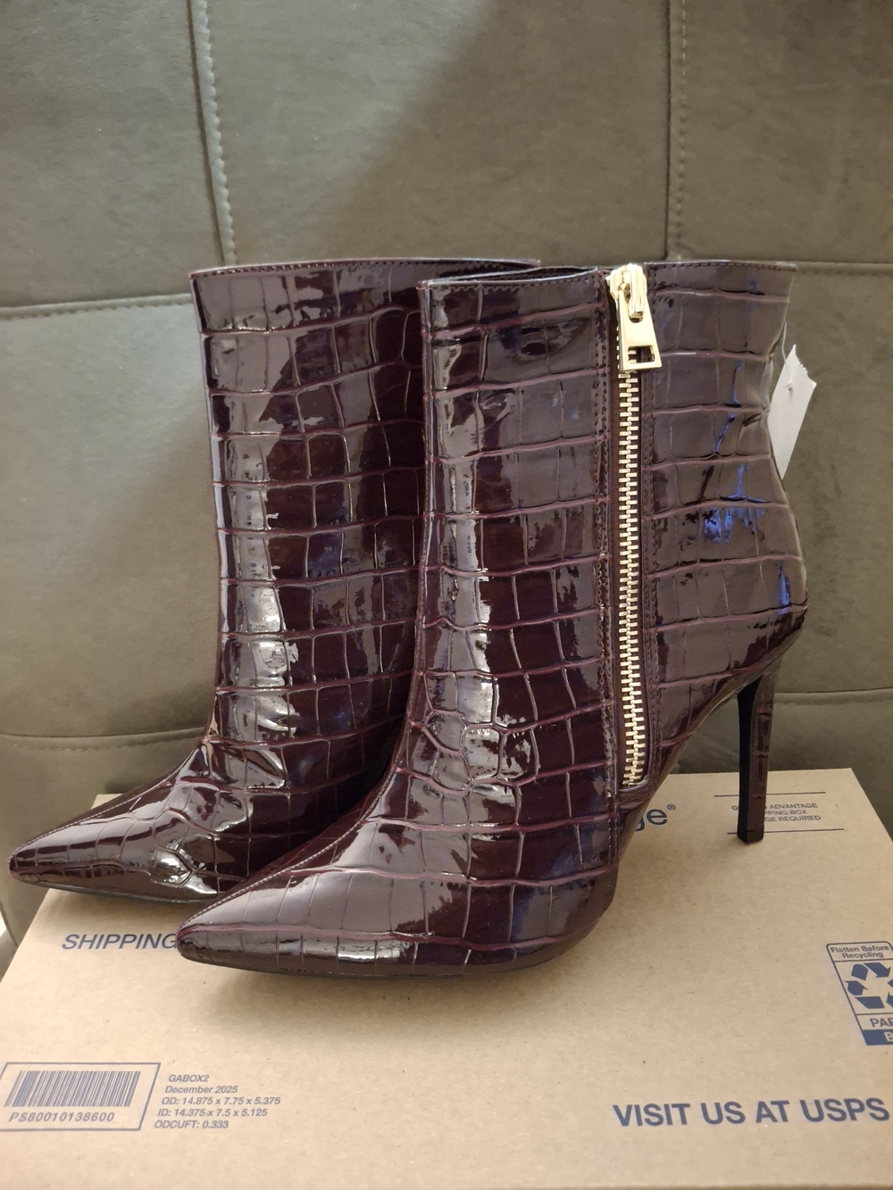 INC Women’s Patent Croc Embossed Ankle Boot with Gold Zip - Burgundy Size 10